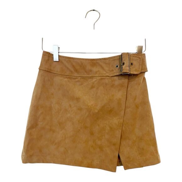 Free People ARI Faux Leather Wrap Mini Skirt Buckle Sz 0 Camel Tan M15 - Picture 2 of 6